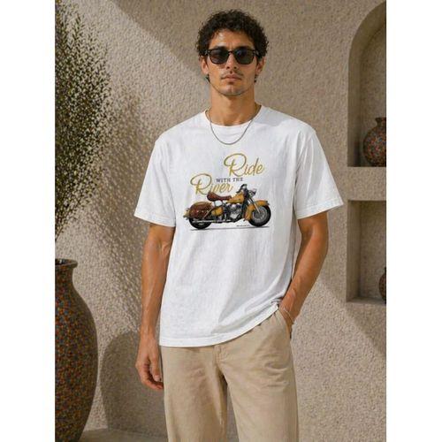 Erkek Motosiklet Baskılı Tişört Bisiklet Yaka Kısa Kol Yazlık T-Shirt - Beyaz