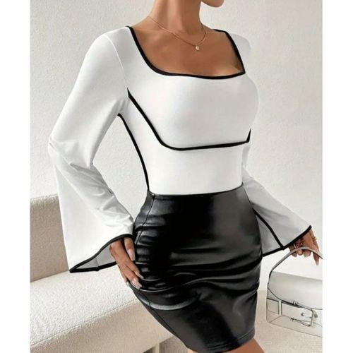 Kadın U Yaka Siyah şerit Detyalı Yarasa Kol Dalgıç Kumaş Arabiyeli Bluz