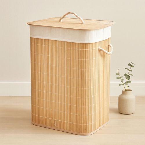 Bambu Kirli Çamaşır Sepeti 40x30x60 cm - Kapaklı İpli Kumaş Torbalı