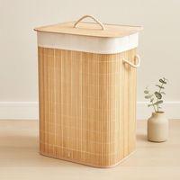 Bambu Kirli Çamaşır Sepeti 40x30x60 cm - Kapaklı İpli Kumaş Torbalı