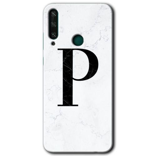 Huawei Y6P Kılıf Baskılı Kapak - Beyaz Mermer Desenli P Harfi +Tam Ekran Koruyucu