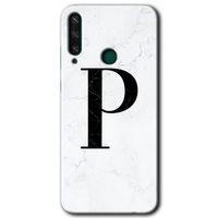 Huawei Y6P Kılıf Baskılı Kapak - Beyaz Mermer Desenli P Harfi +Tam Ekran Koruyucu