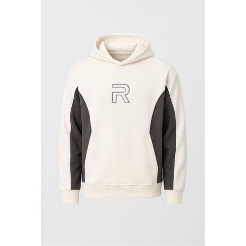 Frank Parçalı Kontrast Desenli Kapüşonlu Oversize Cepli Polar Erkek Sweatshirt - Ekru