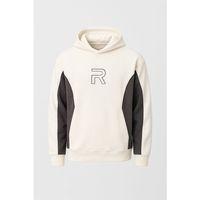 Frank Parçalı Kontrast Desenli Kapüşonlu Oversize Cepli Polar Erkek Sweatshirt - Ekru