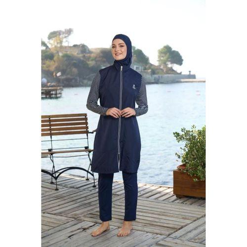 Estiva 25950 Lacivert Marin Fermuarlı Desenli Tam Boy Tesettür Mayo