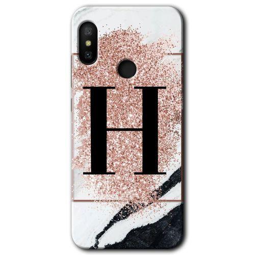 Xiaomi Mi A2 Lite Kılıf Baskılı Kapak - Pembe Mermer Desenli H Harfi + 5D Tam Kaplayan Cam