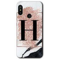 Xiaomi Mi A2 Lite Kılıf Baskılı Kapak - Pembe Mermer Desenli H Harfi + 5D Tam Kaplayan Cam