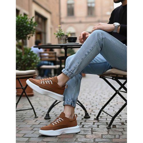 BA0332 Merdiven Desen Bağcıklı Erkek Yüksek Taban Taba Süet Beyaz Taban Spor Ayakkabı