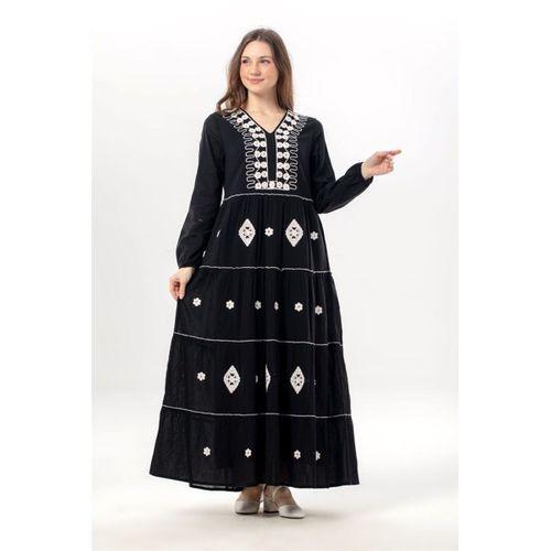 Uzun Kol Yakamoz V Yaka Nakışlı Şile Bezi Uzun Pullu Elbise Siyah Syh