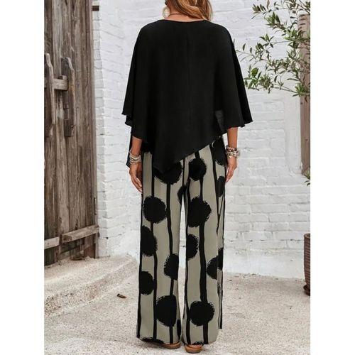 Kadın Truvakar Kol Bisiklet Yaka Asimetrik Dikişsiz Sandy Pelerin Bluz Ve Desenli Pantolon Ikili Takım