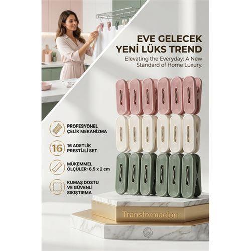 Lüks Çamaşır Mandalı Seti | 16'lı Çelik Yaylı İz Bırakmaz Profesyonel Mandal 723087