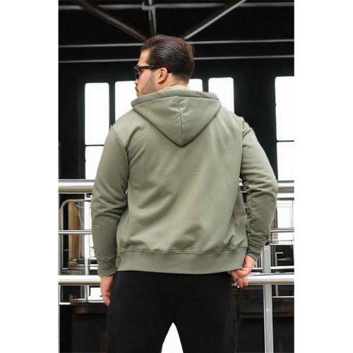 İçi Peluş Üç İplik Kumaş Oversize Fermuarlı Kapüşonlu Sweatshirt- Avcı Yeşili
