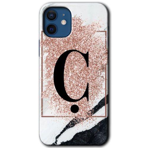 MRCİLETİSİM iPhone 12 Kılıf Baskılı Kapak - Pembe Mermer Desenli Ç Harfi + 5D Tam Kaplayan Cam