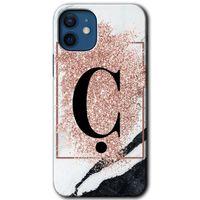 MRCİLETİSİM iPhone 12 Kılıf Baskılı Kapak - Pembe Mermer Desenli Ç Harfi + 5D Tam Kaplayan Cam