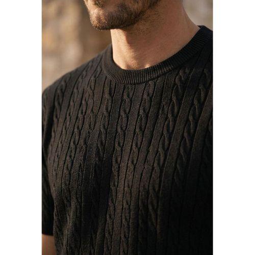 Walsh Saç Örgü Desenli Bisiklet Yaka İnce Triko Erkek T-Shirt - Siyah