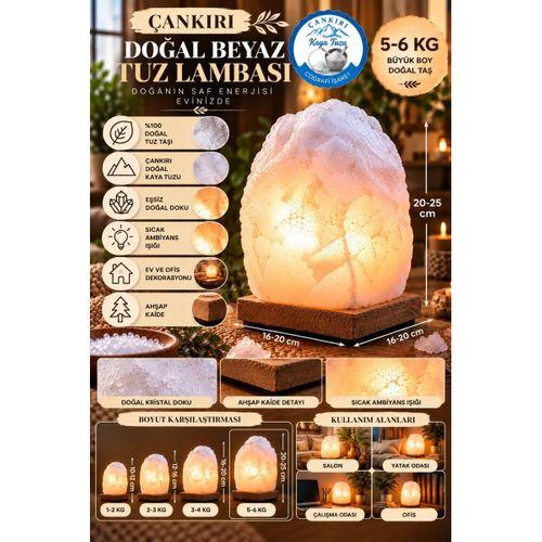 Çankırı 5-6 Kg Beyaz Doğal Kaya Tuzu Lambası Ahşap Kaideli Dekoratif Lamba