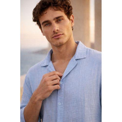 Apaş Yaka Oversize Müslin Kumaş Gömlek - Buz Mavi