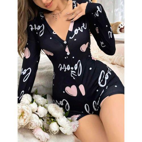Siyah Kalp Desenli Love Yazılı Düğmeli Tulum Pijama