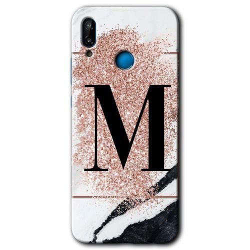 MRCİLETİSİM Huawei P20 Lite Kılıf HD Desen Baskılı Arka Kapak + Temperli Cam - Pembe Mermer Desenli M Harfi