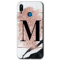 MRCİLETİSİM Huawei P20 Lite Kılıf HD Desen Baskılı Arka Kapak + Temperli Cam - Pembe Mermer Desenli M Harfi