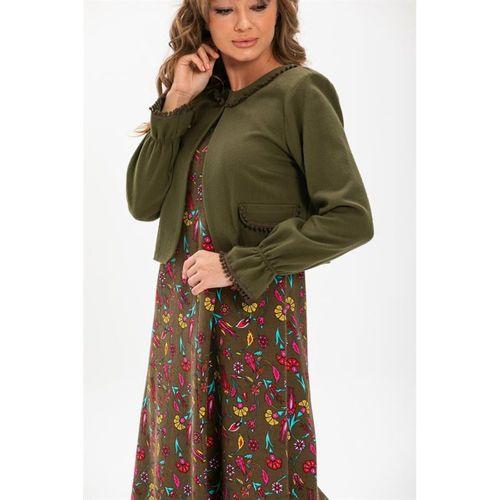 Kolsuz Selen Pazen Uzun Sonbahar ve Kışlık Elbise Çini Desen Haki Hk