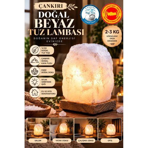 Çankırı 2-3 Kg Beyaz Doğal Kaya Tuzu Lambası Ahşap Kaideli Dekoratif Lamba