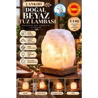 Çankırı 2-3 Kg Beyaz Doğal Kaya Tuzu Lambası Ahşap Kaideli Dekoratif Lamba