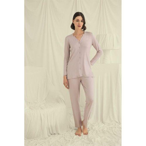 Uzun Kollu Düğmeli V Yaka Pijama Takımı
