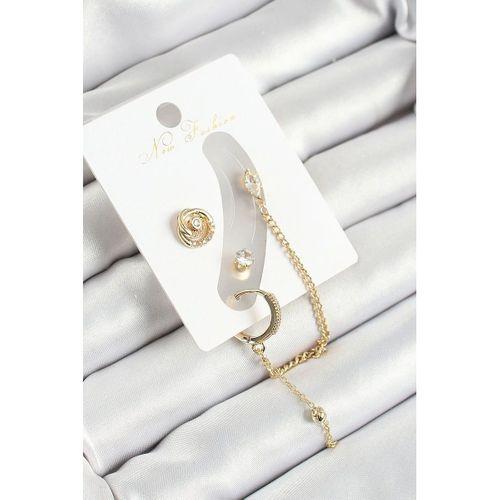 Pirinç Halka Figürlü Zirkon Taşlı Gold Renk 3'lü Kıkırdak Kadın Küpe Set