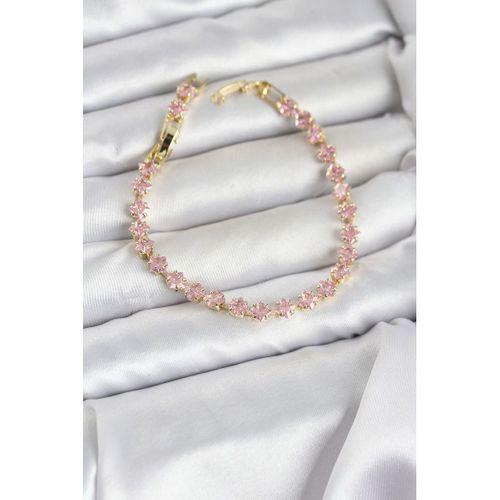 Pembe Kare Zirkon Taşlı Gold Renk Pirinç Su Yolu Kadın Bileklik