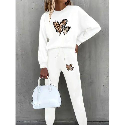 Kadın Uzun Kollu Bisiklet Yaka Kalp Desenli şardonlu üç Iplik Bluz Ve Pantolon Ikili Takım