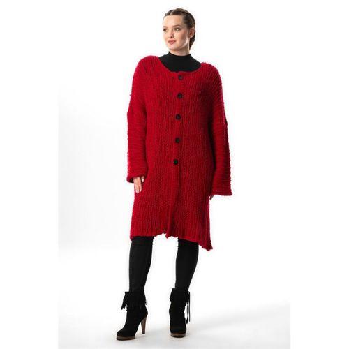 Uzun Kol Şehrazat Düğme Detaylı Sonbahar ve Kışlık Uzun Triko Hırka Kırmızı Krmz