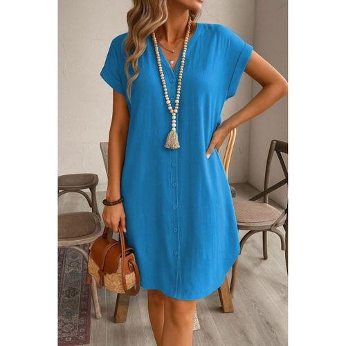 Kadın Kısa Kollu önden Düğmeli Ithal Keten Elbise