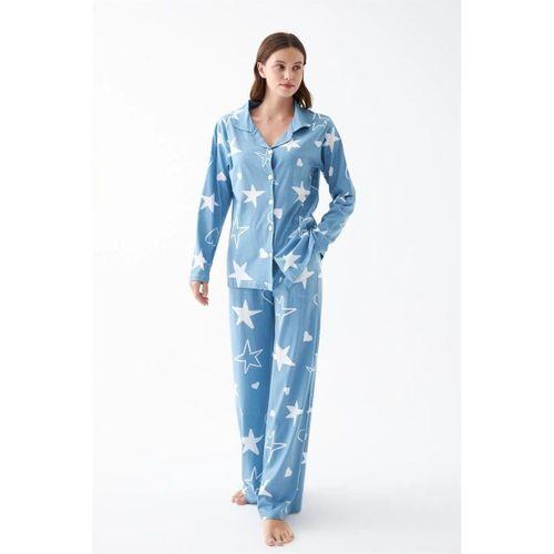 Kadın Mavi Yıldız Desenli Düğmeli Pamuklu Pijama Takımı