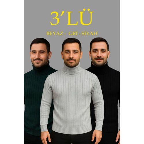 Erkek Fitilli Triko Kazak 3lÜ Set Gri Haki Siyah Regular Balıkcı Yaka Tam Boğazlı Triko Seti Modeli Kazak
