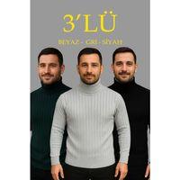 Erkek Fitilli Triko Kazak 3lÜ Set Gri Haki Siyah Regular Balıkcı Yaka Tam Boğazlı Triko Seti Modeli Kazak