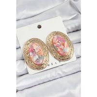 Pirinç Mermer Desenlli Pembe Sedef Oval Vintage Model Gold Renk Kadın Küpe