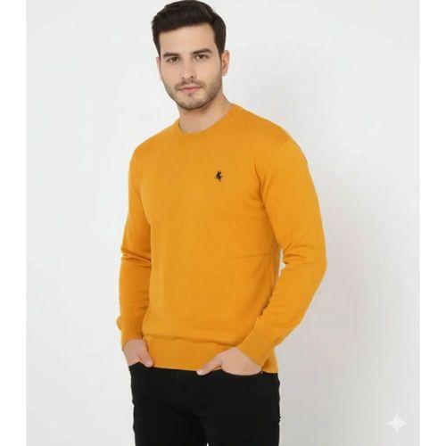 Erkek Bisiklet Yaka Nakış Işlemeli Triko Kazak Yumuşak Dokulu Pamuklu Ince Dokuma, Uzun Kollu Rahat Regular Kalıp - Turuncu