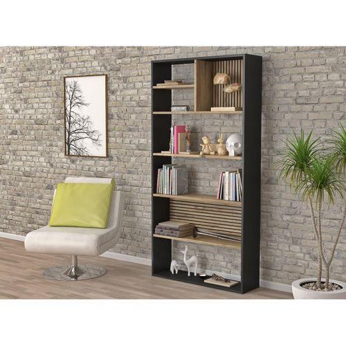 Nova Zebra 7 Bölmeli Kitaplıklık - Minifiks - Wood Siyah  Atlantik Çam
