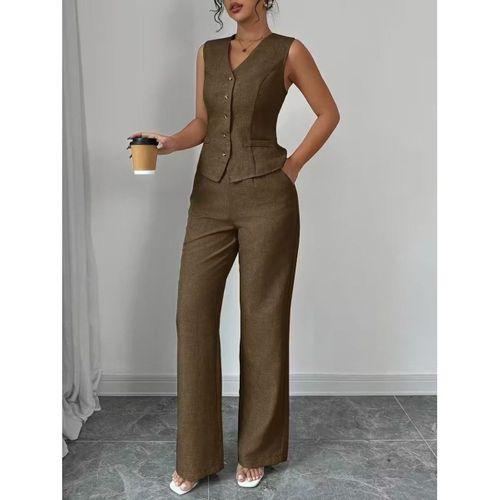 Kadın Askılı önden Düğmeli Bluz Ve Pantolon Keten Ikili Takım