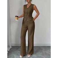 Kadın Askılı önden Düğmeli Bluz Ve Pantolon Keten Ikili Takım