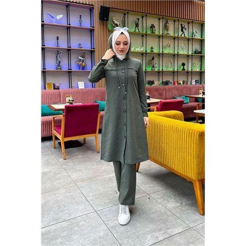 Kapşonlu Düğmeli Sade Basic Uzun Tunik ve Pantolon İkili Spor Takım - 03072.005 - Haki