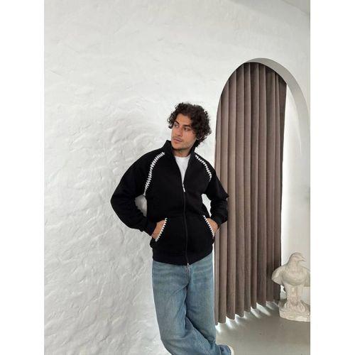 Erkek Oversize Dik Yaka Fermuarlı Sweatshirt - Zincir Nakışli Kanguru Cepli - Siyah