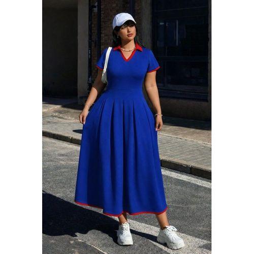 Kadın Kısa Kollu V Yakalı Pileli Uzun Janjan Krep Elbise