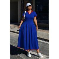 Kadın Kısa Kollu V Yakalı Pileli Uzun Janjan Krep Elbise