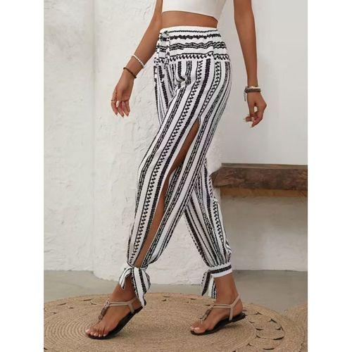 Kadın Yüksek Bel Desenli Paçadan Bağlamalı Yanları Yırtmaçlı Süprem Pantolon