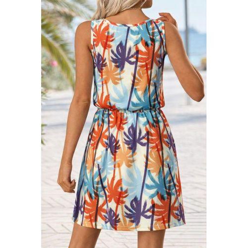 Kadını Askılı V Yakalı Duğme Detaylı Desenli Kısa Süprem Elbise