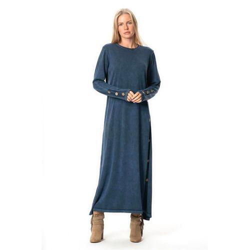 Uzun Kol Gözde Bisiklet Yaka Düğme Detaylı Sonbahar ve Kışlık Uzun Triko Elbise İndigo indg