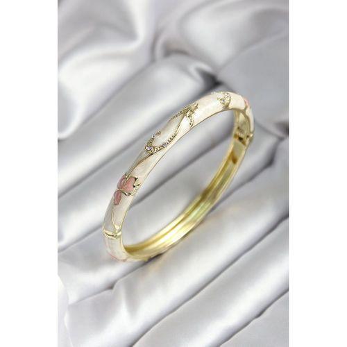 Mineli Pirinç Kırık Beyaz Çiçek Desenli Zirkon Taşlı Gold Renk Kadın Kelepçe