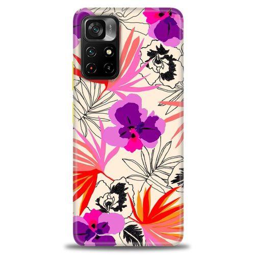 Xiaomi Poco M4 Pro 5G Kılıf HD Baskılı Kılıf - Kırmızı Mor Çiçekler + Tam Ekran Koruyucu